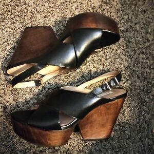 Diane Von Furstenberg high wooden clog front cross strap heels